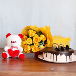 Yellow Roses N Teddy With Chocolate Cake